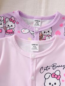 SHEIN 2件組新生女嬰可愛兔子卡通印花套裝，長袖連身衣睡衣套裝，淺紫色秋冬居家舒適睡衣 - 淡紫色 - 查看 6