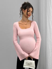 Momance Maternity Casual Comfortable Solid Color Crew Neck Long Sleeve Sweater, Versatile For Daily Wear - Dusty Pink - View 6