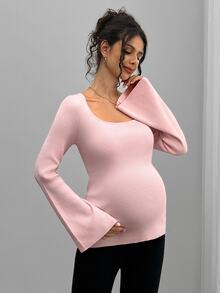 Momance Maternity Casual Comfortable Solid Color Crew Neck Long Sleeve Sweater, Versatile For Daily Wear - Dusty Pink - View 5