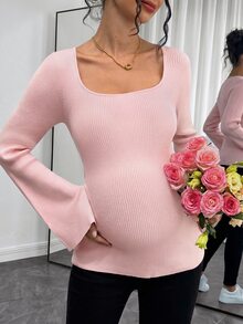 Momance Maternity Casual Comfortable Solid Color Crew Neck Long Sleeve Sweater, Versatile For Daily Wear - Dusty Pink - View 1