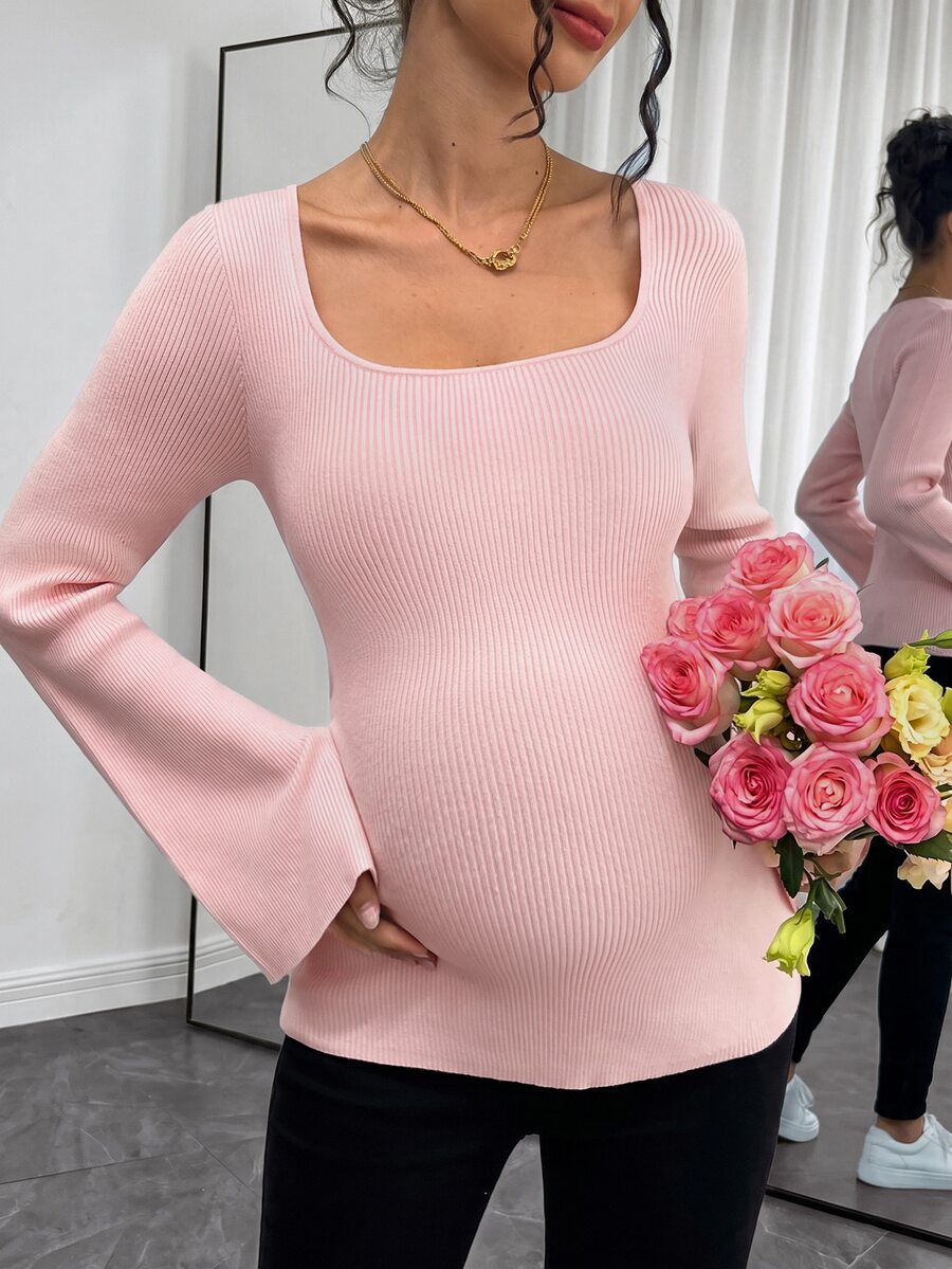 Momance Maternity Casual Comfortable Solid Color Crew Neck Long Sleeve Sweater, Versatile For Daily Wear - Dusty Pink - View 1