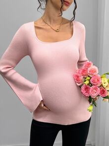 Momance Maternity Casual Comfortable Solid Color Crew Neck Long Sleeve Sweater, Versatile For Daily Wear - Dusty Pink - View 8