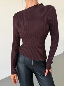 Firerie Ribbed Knit Slim Fit Long Sleeve Sweater Mock Neck Pullover Top For Fall Winter - Brown - View 4