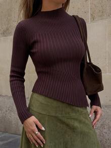 Firerie Ribbed Knit Slim Fit Long Sleeve Sweater Mock Neck Pullover Top For Fall Winter - Brown - View 1