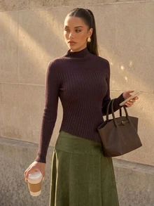 Firerie Ribbed Knit Slim Fit Long Sleeve Sweater Mock Neck Pullover Top For Fall Winter - Brown - View 7