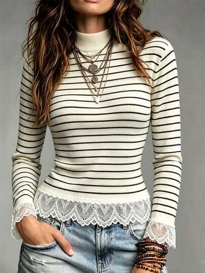 GlowEve Fall Clothes FOR WomenWomen's Casual Striped Lace Patchwork T-Shirt, Autumn/Winter
