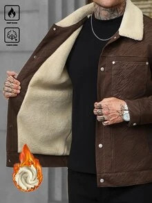 Manfinity CasualCool 男士秋冬復古紋理印花羊羔毛內裡翻領鈕扣休閒夾克，日常上衣，理想禮物選擇 - 酒紅色 - 查看 4