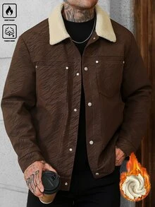Manfinity CasualCool 男士秋冬復古紋理印花羊羔毛內裡翻領鈕扣休閒夾克，日常上衣，理想禮物選擇 - 酒紅色 - 查看 7