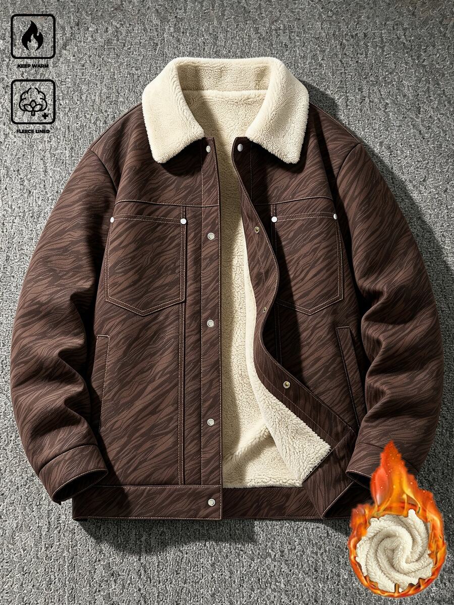 Manfinity CasualCool 男士秋冬復古紋理印花羊羔毛內裡翻領鈕扣休閒夾克,日常上衣,理想禮物選擇 - 酒紅色 - 查看 1