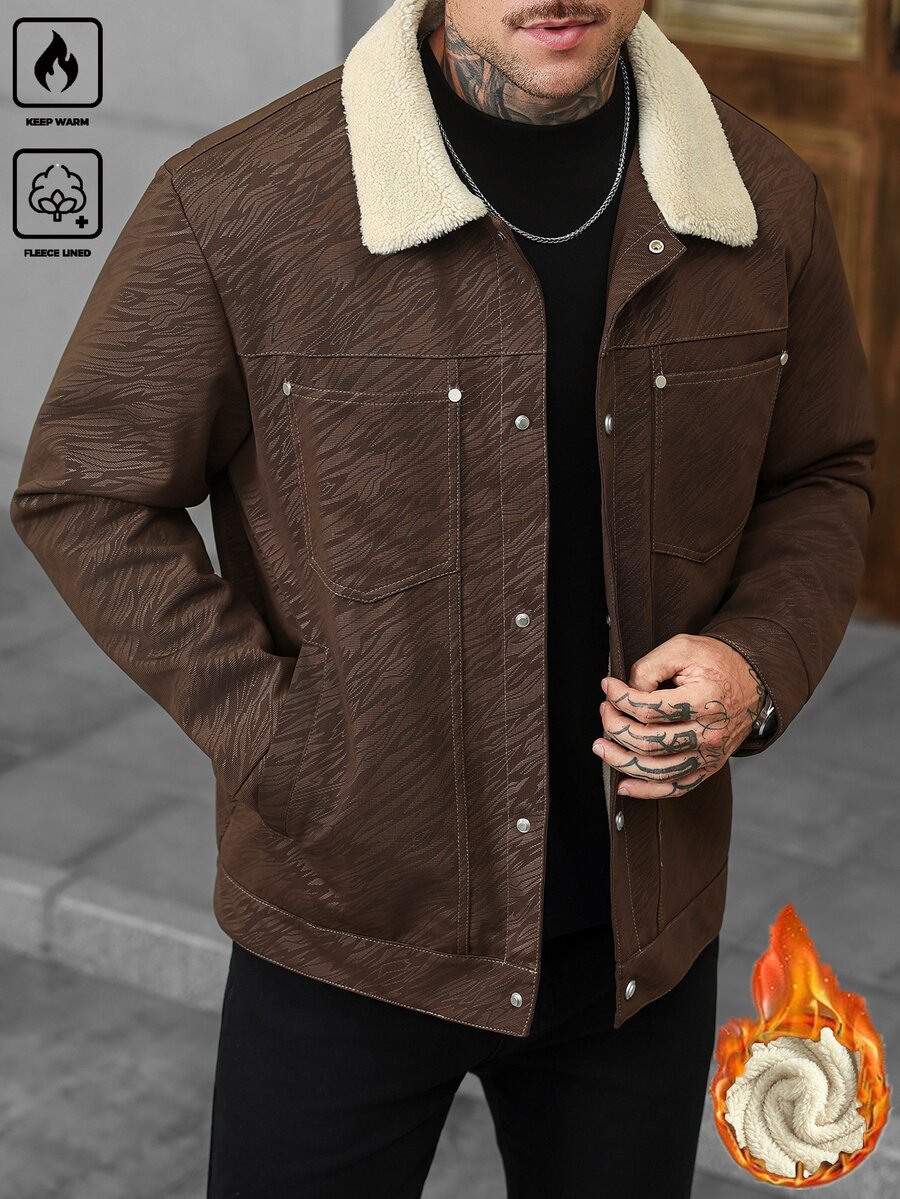 Manfinity Homme Men's Autumn/Winter Vintage Textured Print Lambswool Lined Lapel Button Casual Jacket, Daily Top, Ideal Gift Choice - Burgundy - View 1