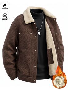 Manfinity CasualCool 男士秋冬復古紋理印花羊羔毛內裡翻領鈕扣休閒夾克，日常上衣，理想禮物選擇 - 酒紅色 - 查看 8