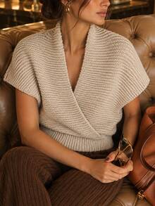 Elenzga Women's Premium V-Neck Short Sleeve Knit Top, Autumn/Winter - Camel - View 8