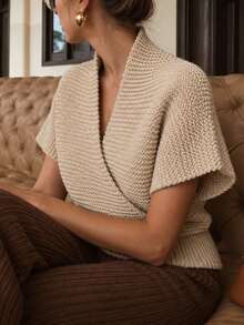 Elenzga Women's Premium V-Neck Short Sleeve Knit Top, Autumn/Winter - Camel - View 6