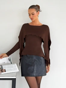 Siren Gaze Women's Solid Color 2 In 1 Patchwork Casual Daily Long Sleeve T-Shirt - Brown - View 6