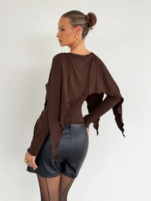 Siren Gaze Women's Solid Color 2 In 1 Patchwork Casual Daily Long Sleeve T-Shirt - Brown - View 2