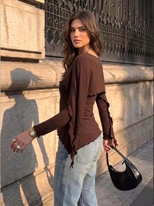 Siren Gaze Women's Solid Color 2 In 1 Patchwork Casual Daily Long Sleeve T-Shirt - Brown - View 7