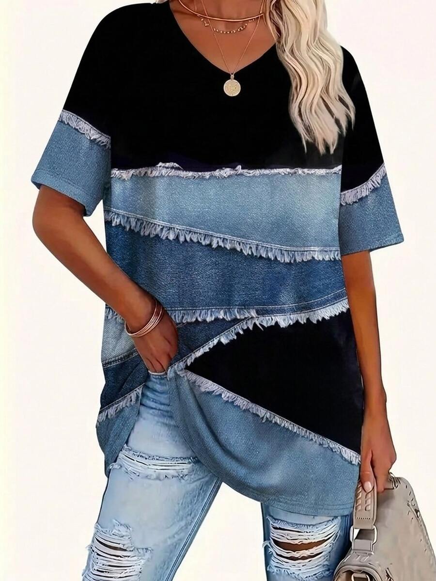 EMERY ROSE [Denim Effect] Patchwork Pattern Crew-Neck Short-Sleeved Casual Plus Size T-Shirt, Spring - Multicolor - View 1