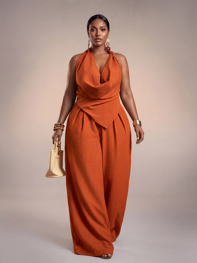 Veslaya Rust Orange Summer Elegant Vacation Wedding Evening Ninang Women Halter Jumpsuit Burnt Orange Jumpsuits For Women Music Festival Easter Daily Wear