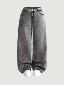 SHEIN MOD Celana Jeans Abu-abu Potongan Lurus Longgar Ukuran Besar, Pakaian Musim Panas untuk Wanita, Formal, Liburan, Kasual, Longgar - Light Grey - View 2