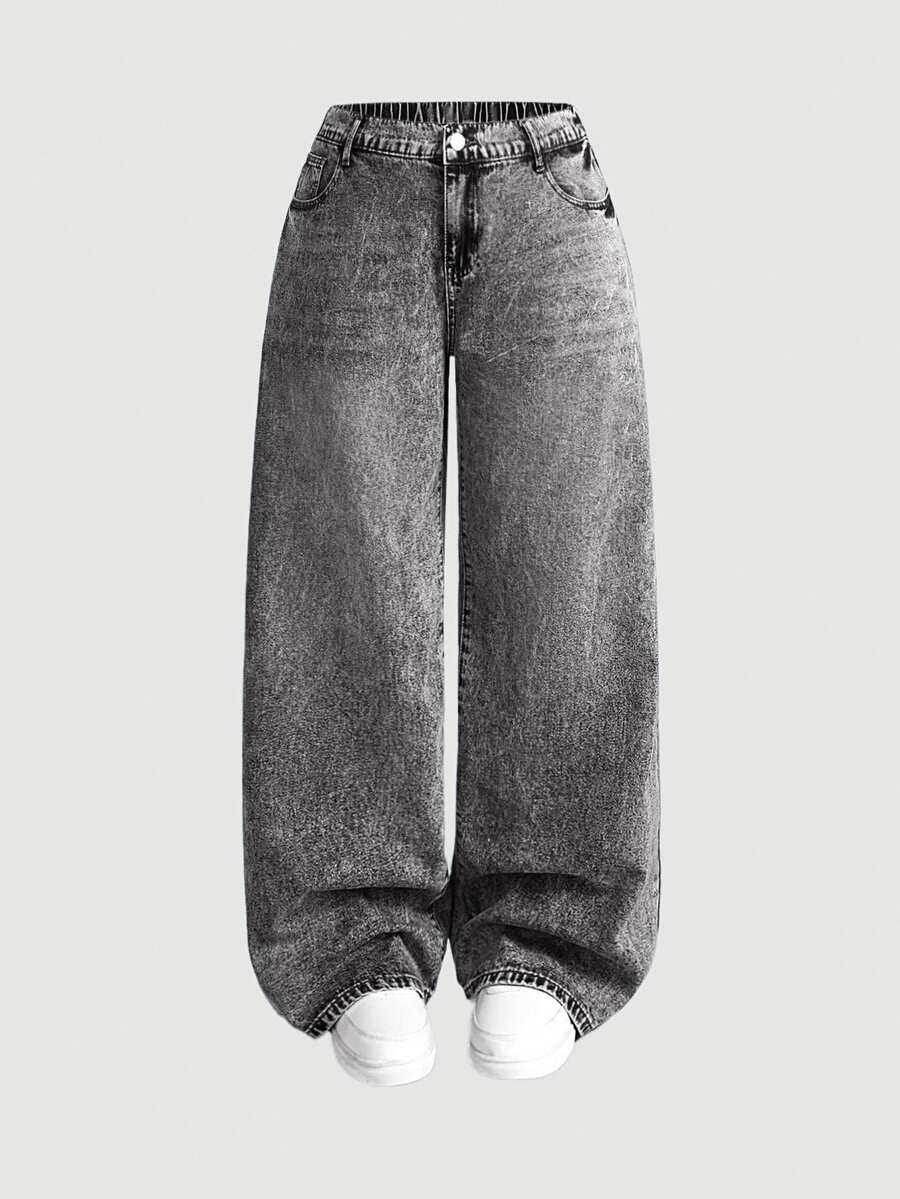 SHEIN MOD Celana Jeans Abu-abu Potongan Lurus Longgar Ukuran Besar, Pakaian Musim Panas untuk Wanita, Formal, Liburan, Kasual, Longgar