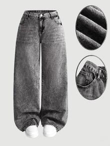 SHEIN MOD Celana Jeans Abu-abu Potongan Lurus Longgar Ukuran Besar, Pakaian Musim Panas untuk Wanita, Formal, Liburan, Kasual, Longgar - Light Grey - View 6