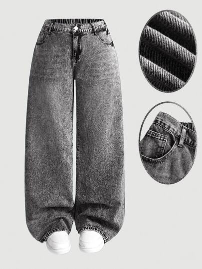 SHEIN MOD Plus Size Relaxed Fit Straight Leg Grey Jeans,Summer Clothes For Women Formal Vacation Casual Baggy