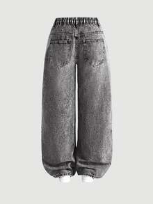 SHEIN MOD Celana Jeans Abu-abu Potongan Lurus Longgar Ukuran Besar, Pakaian Musim Panas untuk Wanita, Formal, Liburan, Kasual, Longgar - Light Grey - View 3