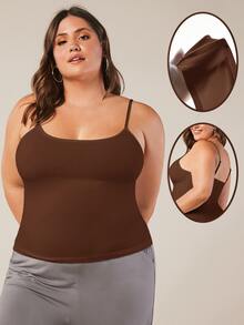 SHEIN BASICS Plus Solid Slim Fit Breathable Cami Top Formal Vacation Home Wear Brown Summer Casual Traditional Baggy Western Baggy Formal Home Wear Evening - Brown - View 9