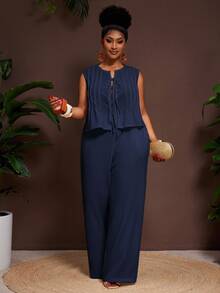 Veslaya Set Kamisol dan Celana Kasual Warna Polos Ukuran Besar, Dua Potongan Jumpsuit Biru Tua Sederhana, Gaun Rok Maxi, Jumpsuit untuk Wanita, Celana Lebar - Navy Blue - View 5