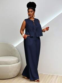Veslaya Set Kamisol dan Celana Kasual Warna Polos Ukuran Besar, Dua Potongan Jumpsuit Biru Tua Sederhana, Gaun Rok Maxi, Jumpsuit untuk Wanita, Celana Lebar - Navy Blue - View 8