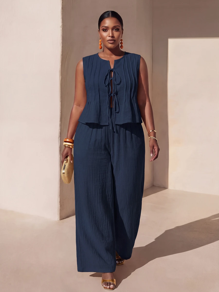 Veslaya Set Kamisol dan Celana Kasual Warna Polos Ukuran Besar, Dua Potongan Jumpsuit Biru Tua Sederhana, Gaun Rok Maxi, Jumpsuit untuk Wanita, Celana Lebar - Navy Blue - View 1