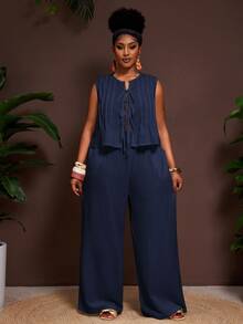 Veslaya Set Kamisol dan Celana Kasual Warna Polos Ukuran Besar, Dua Potongan Jumpsuit Biru Tua Sederhana, Gaun Rok Maxi, Jumpsuit untuk Wanita, Celana Lebar - Navy Blue - View 10