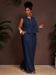 Veslaya Set Kamisol dan Celana Kasual Warna Polos Ukuran Besar, Dua Potongan Jumpsuit Biru Tua Sederhana, Gaun Rok Maxi, Jumpsuit untuk Wanita, Celana Lebar - Navy Blue - View 6