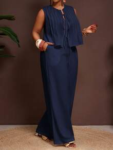 Veslaya Set Kamisol dan Celana Kasual Warna Polos Ukuran Besar, Dua Potongan Jumpsuit Biru Tua Sederhana, Gaun Rok Maxi, Jumpsuit untuk Wanita, Celana Lebar - Navy Blue - View 3