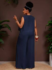 Veslaya Set Kamisol dan Celana Kasual Warna Polos Ukuran Besar, Dua Potongan Jumpsuit Biru Tua Sederhana, Gaun Rok Maxi, Jumpsuit untuk Wanita, Celana Lebar - Navy Blue - View 4