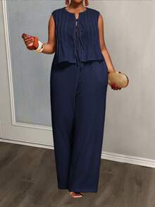 Veslaya Set Kamisol dan Celana Kasual Warna Polos Ukuran Besar, Dua Potongan Jumpsuit Biru Tua Sederhana, Gaun Rok Maxi, Jumpsuit untuk Wanita, Celana Lebar - Navy Blue - View 9