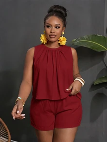 Veslaya Plus Size Solid Color Pleated Round Neck Tank Top And Shorts 2 Pieces Set - Red - View 3