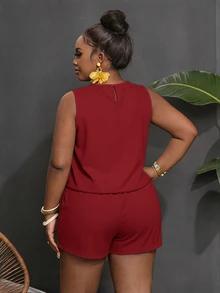 Veslaya Plus Size Solid Color Pleated Round Neck Tank Top And Shorts 2 Pieces Set - Red - View 4