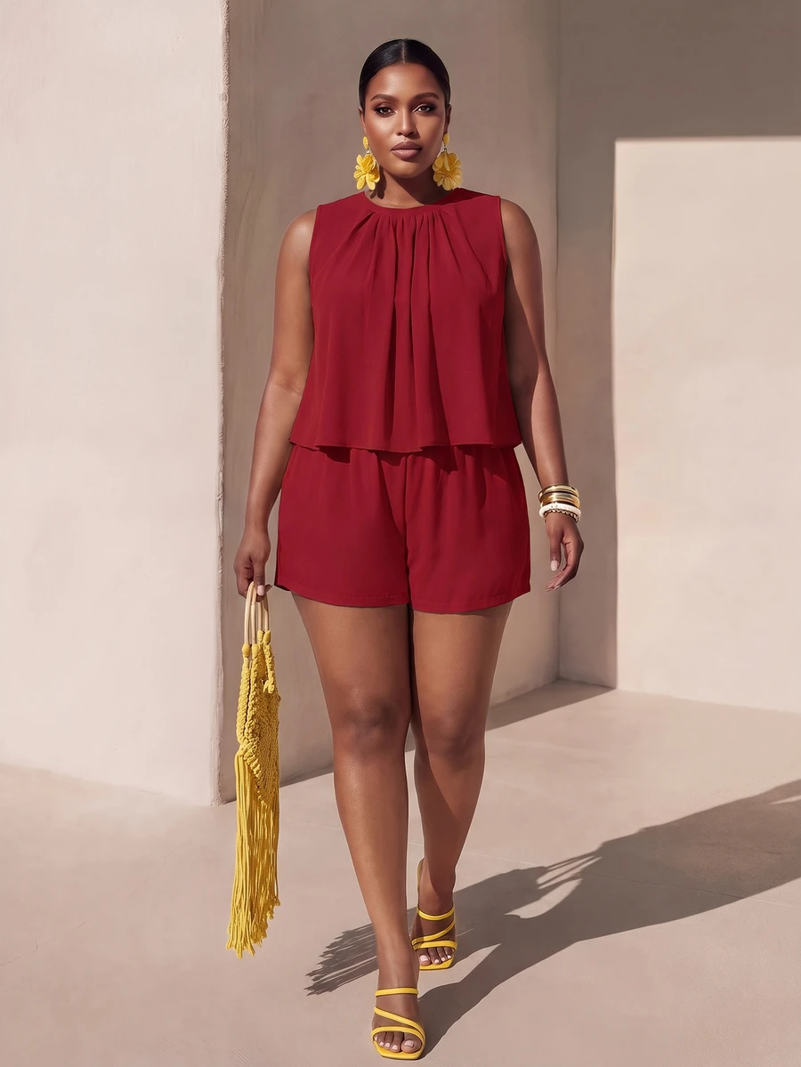 Veslaya Plus Size Solid Color Pleated Round Neck Tank Top And Shorts 2 Pieces Set - Red - View 1