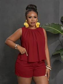 Veslaya Plus Size Solid Color Pleated Round Neck Tank Top And Shorts 2 Pieces Set - Red - View 6