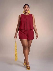 Veslaya Plus Size Solid Color Pleated Round Neck Tank Top And Shorts 2 Pieces Set - Red - View 2