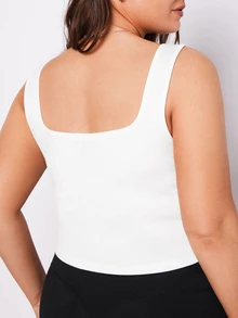 SHEIN BASICS Women's Plus Size Basic White Square Neck Sleeveless Crop Top Tank Perfect For Summer - White - View 3