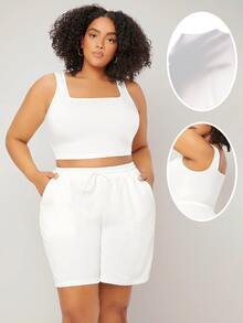 SHEIN BASICS Women's Plus Size Basic White Square Neck Sleeveless Crop Top Tank Perfect For Summer - White - View 7