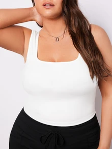 SHEIN BASICS Women's Plus Size Basic White Square Neck Sleeveless Crop Top Tank Perfect For Summer - White - View 6