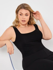 SHEIN BASICS Plus Size Square Neck Basic Tank Top For Women Comfortable Sleeveless Casual Camisole - Black - View 6