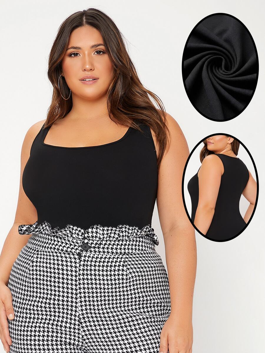 SHEIN BASICS Plus Size Square Neck Basic Tank Top For Women Comfortable Sleeveless Casual Camisole