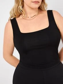 SHEIN BASICS Plus Size Square Neck Basic Tank Top For Women Comfortable Sleeveless Casual Camisole - Black - View 5