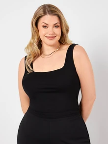 SHEIN BASICS Plus Size Square Neck Basic Tank Top For Women Comfortable Sleeveless Casual Camisole - Black - View 7