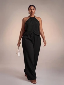 Veslaya Plus Size Women Solid Color Pleated Halter Neck Top And Wide Leg Pants Set Vacation Office Black Summer Casual - Black - View 2