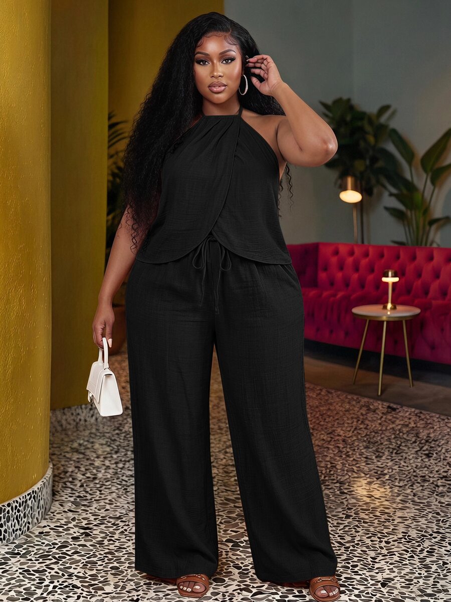 Veslaya Plus Size Women Solid Color Pleated Halter Neck Top And Wide Leg Pants Set Vacation Office Black Summer Casual - Black - View 1